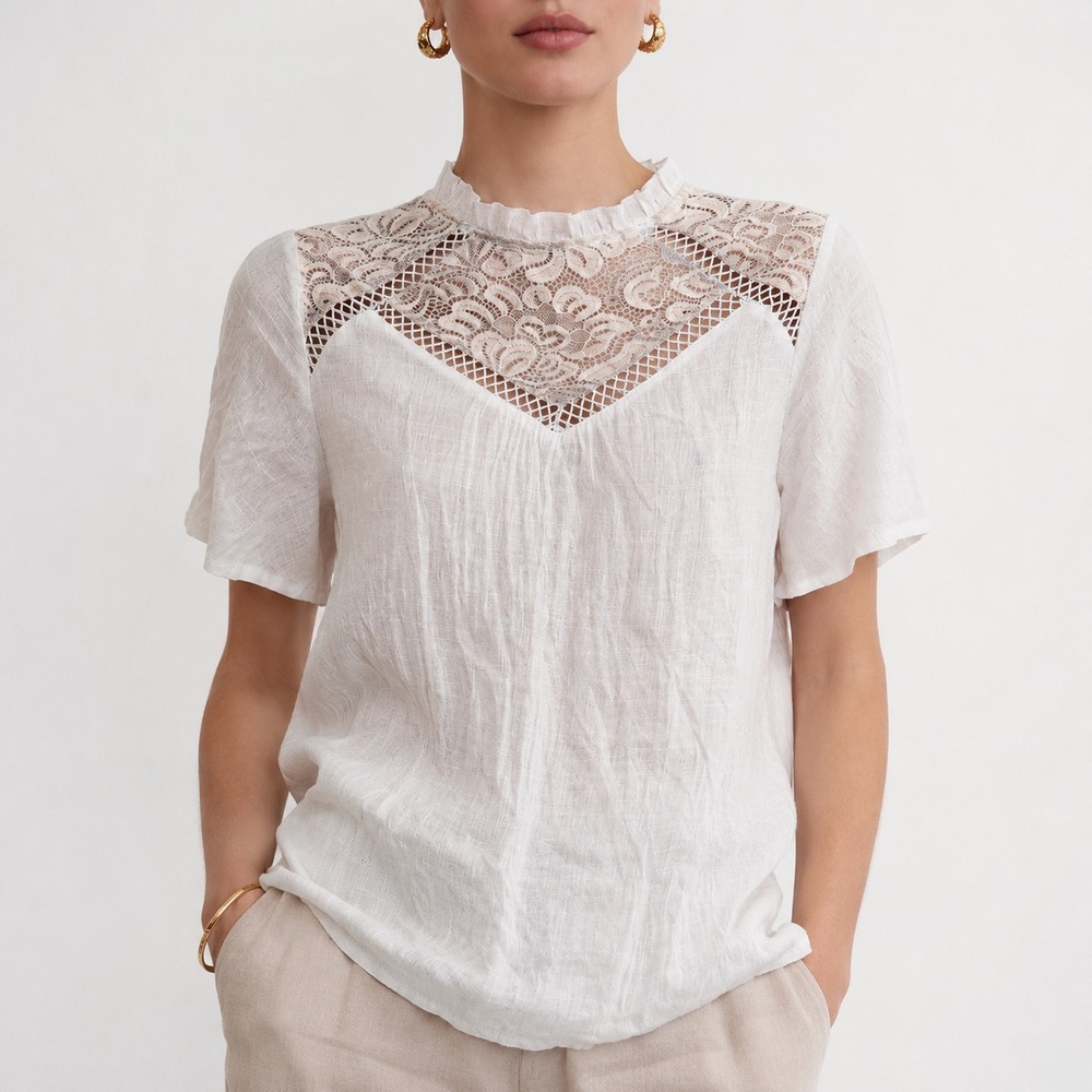 Parallel Skies Lace Yoke Blouse Women's Medium White Flutter Sleeve Ruffled Neck